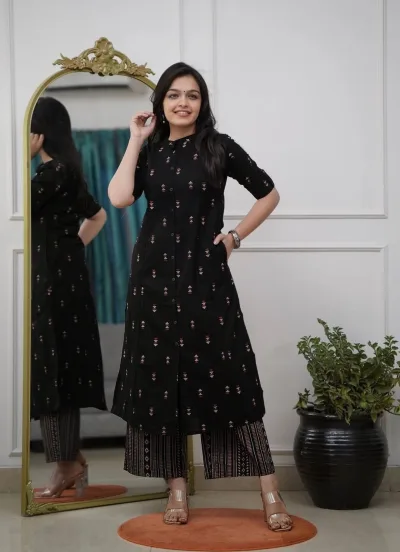 Reyon Foil Work Straight Salwar Set